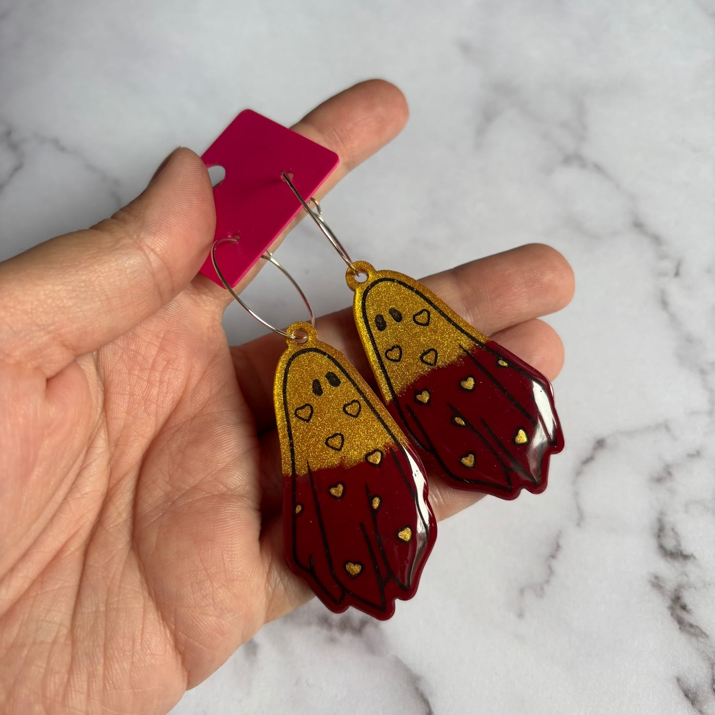 Gold/Burgundy Heart Ghostie Earrings