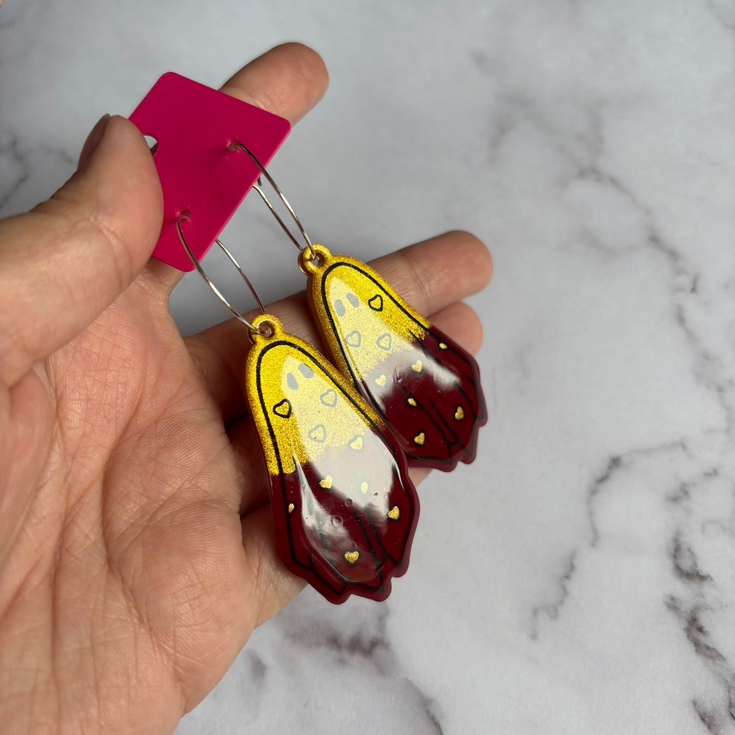 Gold/Burgundy Heart Ghostie Earrings