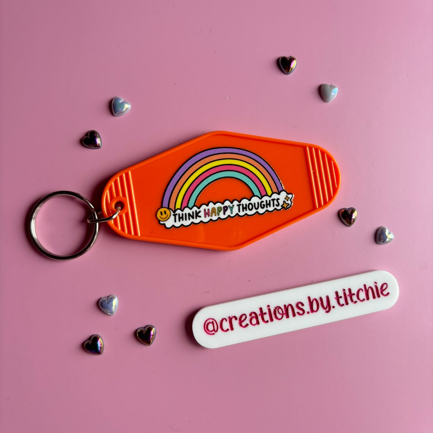 Motel Keyring - Orange "Think Happy Thoughts" Rainbow