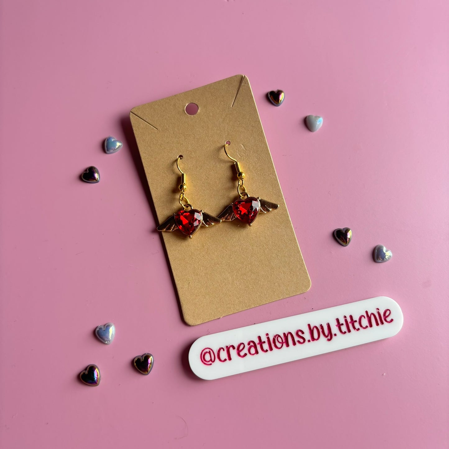 Gemstone Winged Heart Earrings - Red