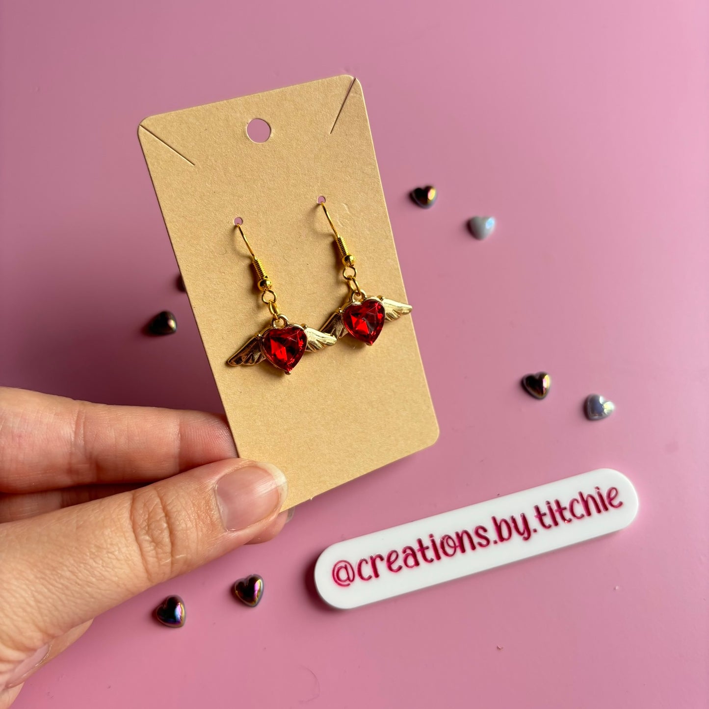 Gemstone Winged Heart Earrings - Red
