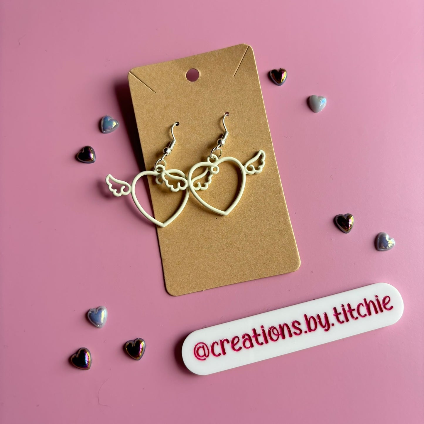 Winged Heart Earrings - White