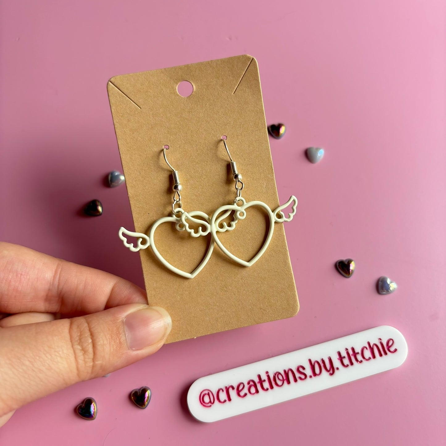 Winged Heart Earrings - White
