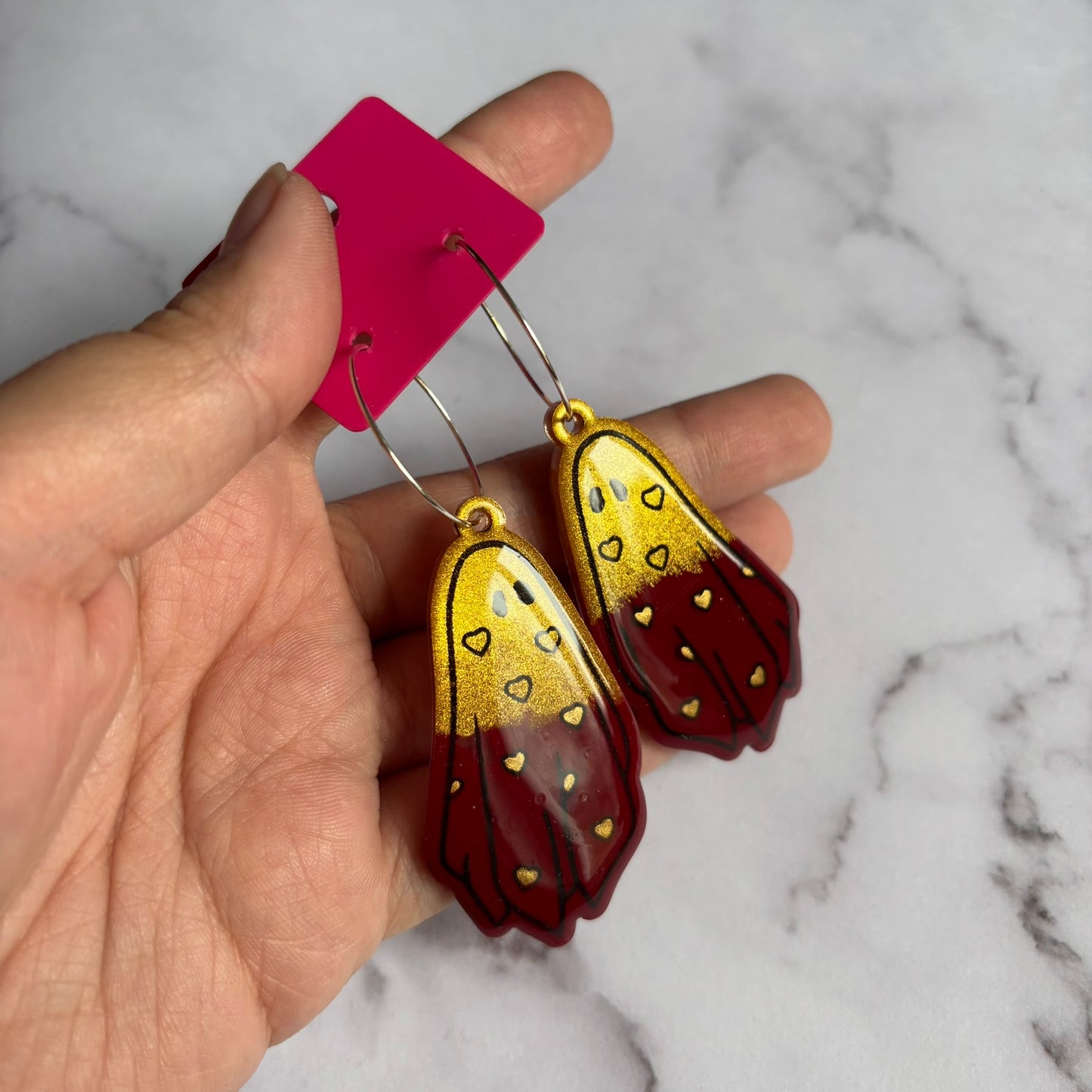 Gold/Burgundy Heart Ghostie Earrings
