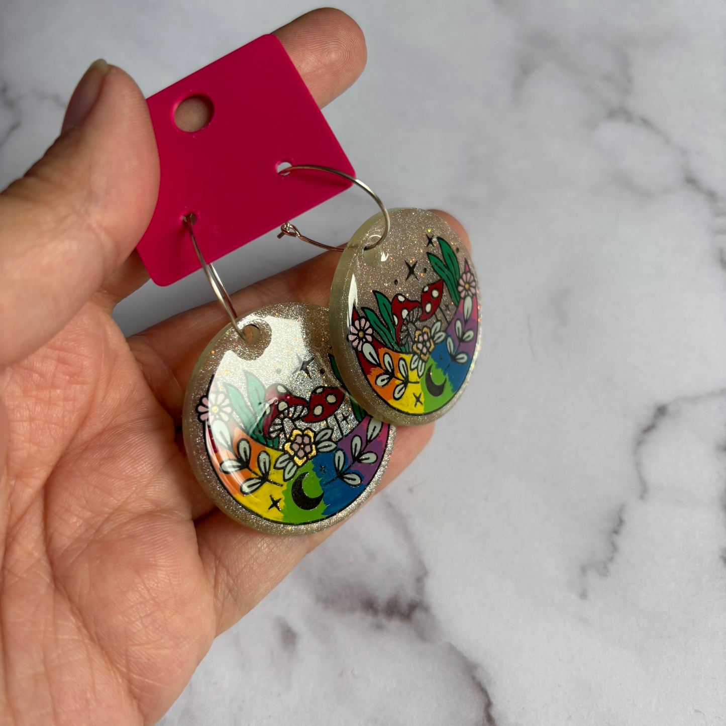Rainbow Mushroom Moon Earrings