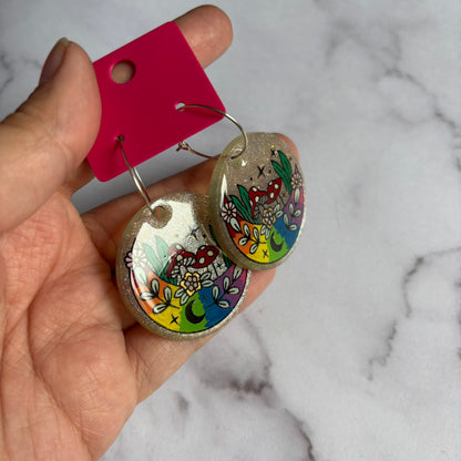 Rainbow Mushroom Moon Earrings