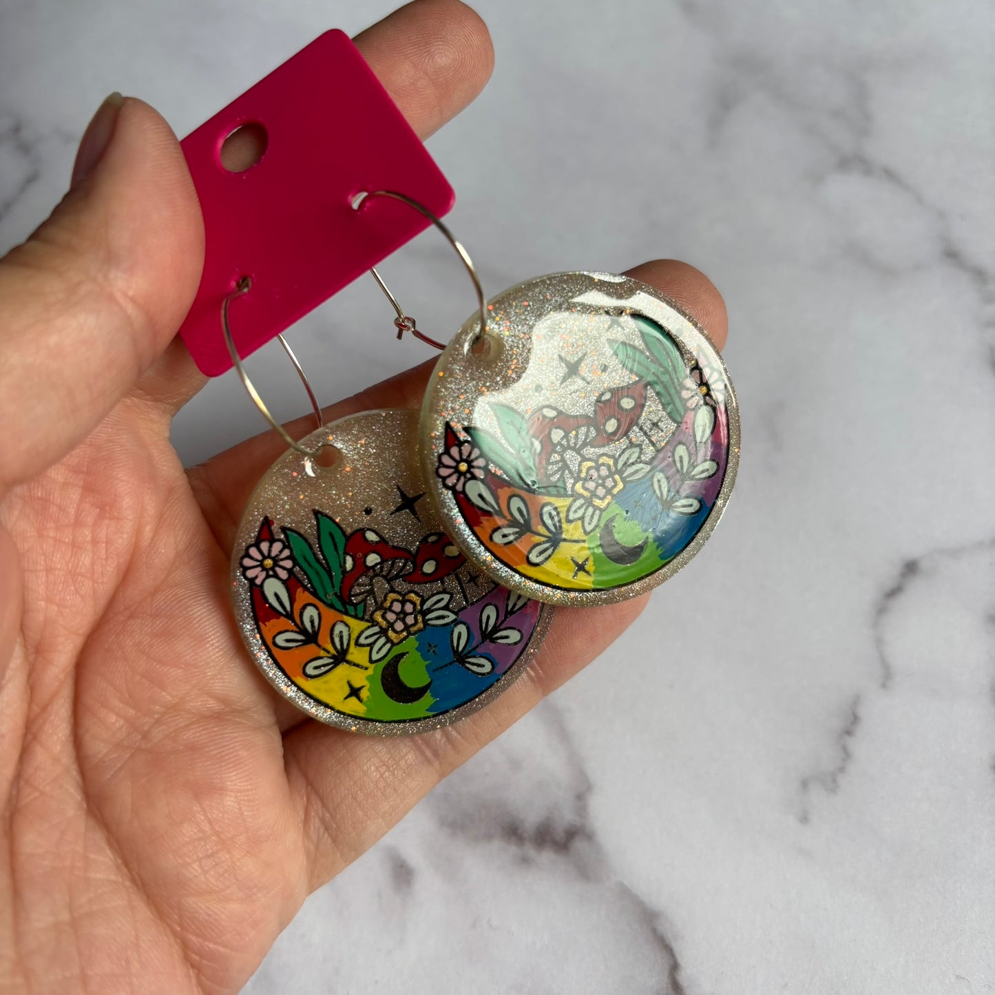 Rainbow Mushroom Moon Earrings