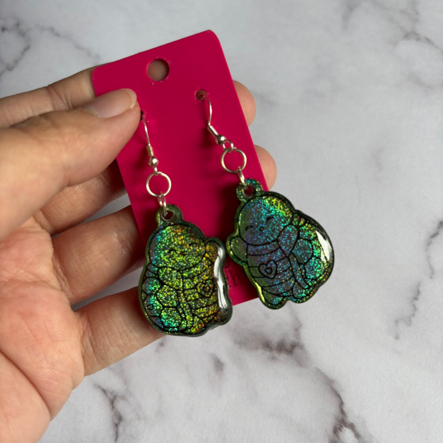Green Holographic Turtle Earrings
