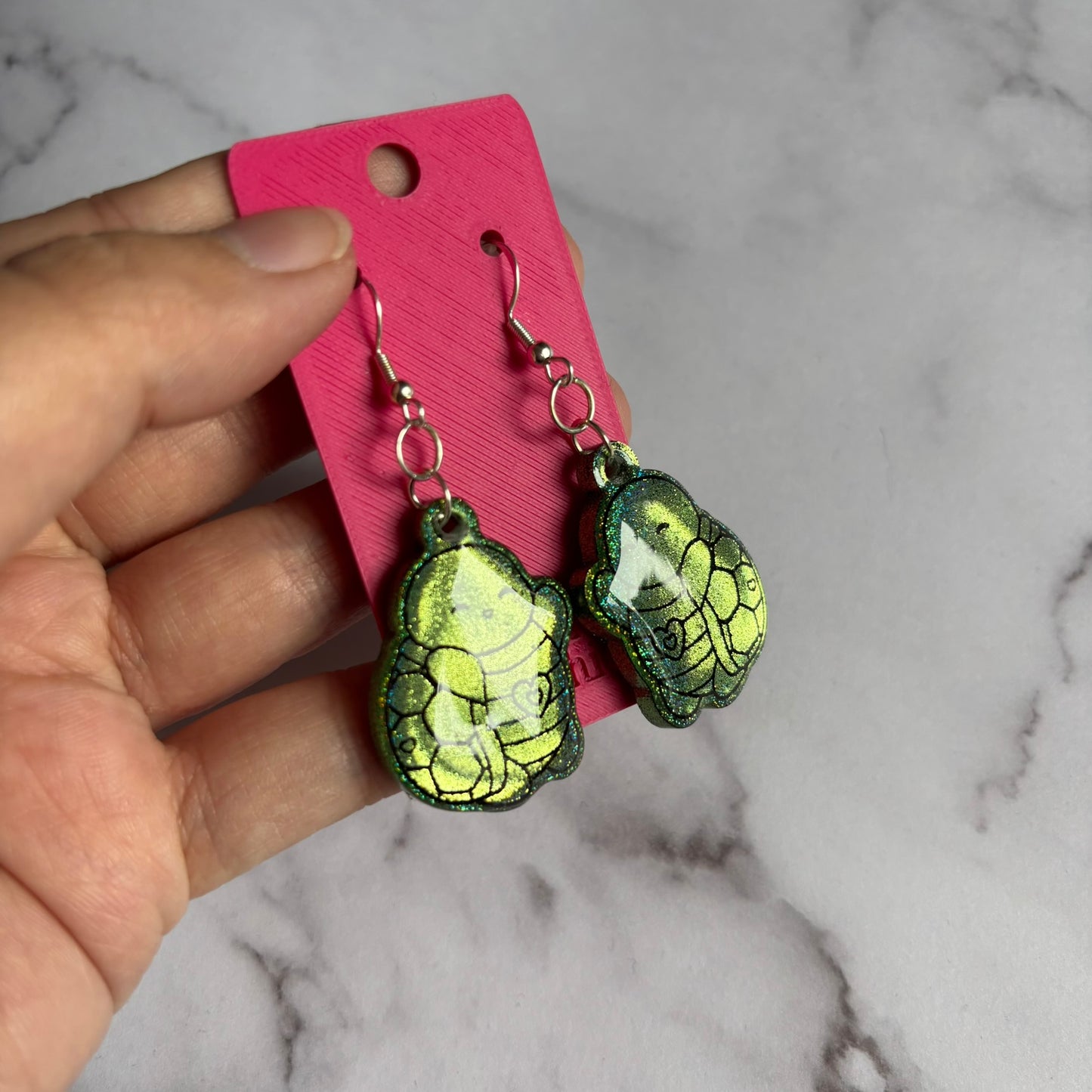 Green Holographic Turtle Earrings
