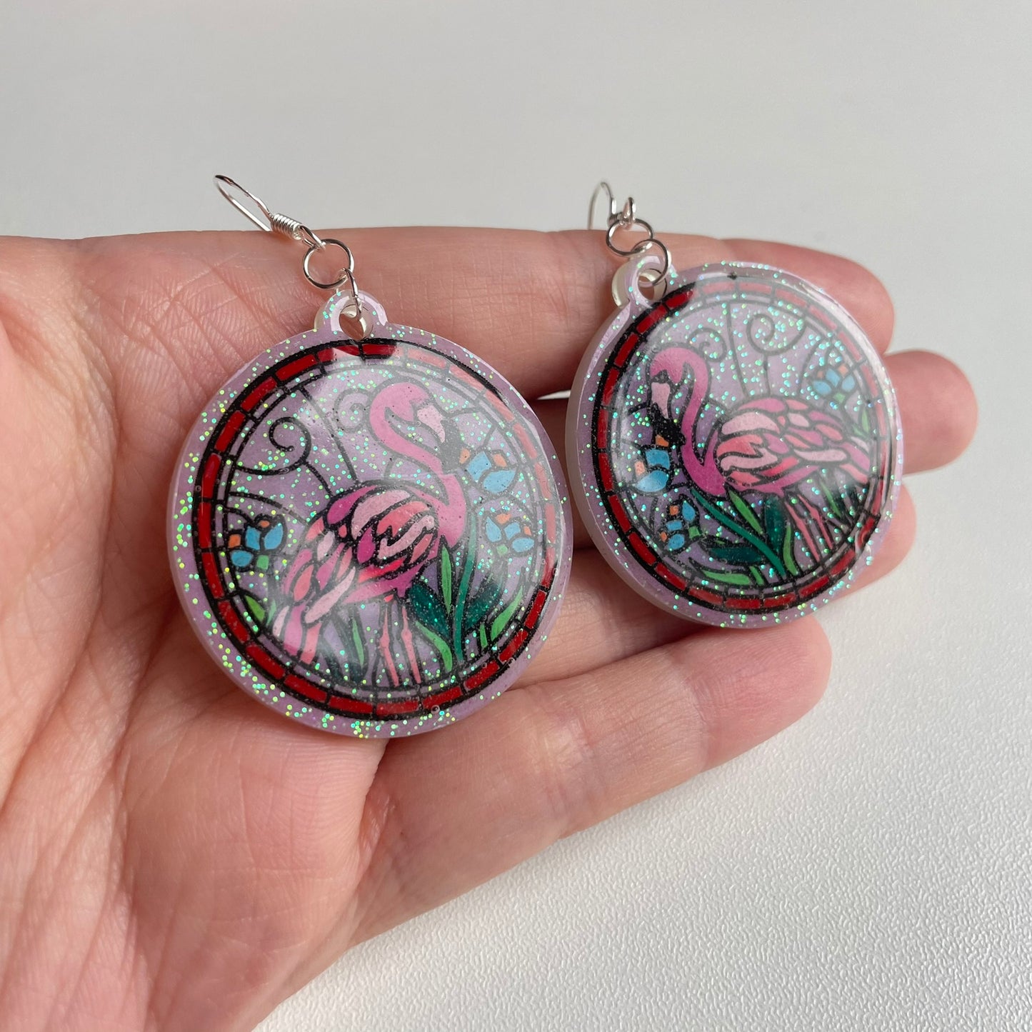 Stained Glass Flamingo Resin Earrings