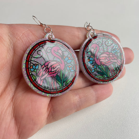 Stained Glass Flamingo Resin Earrings