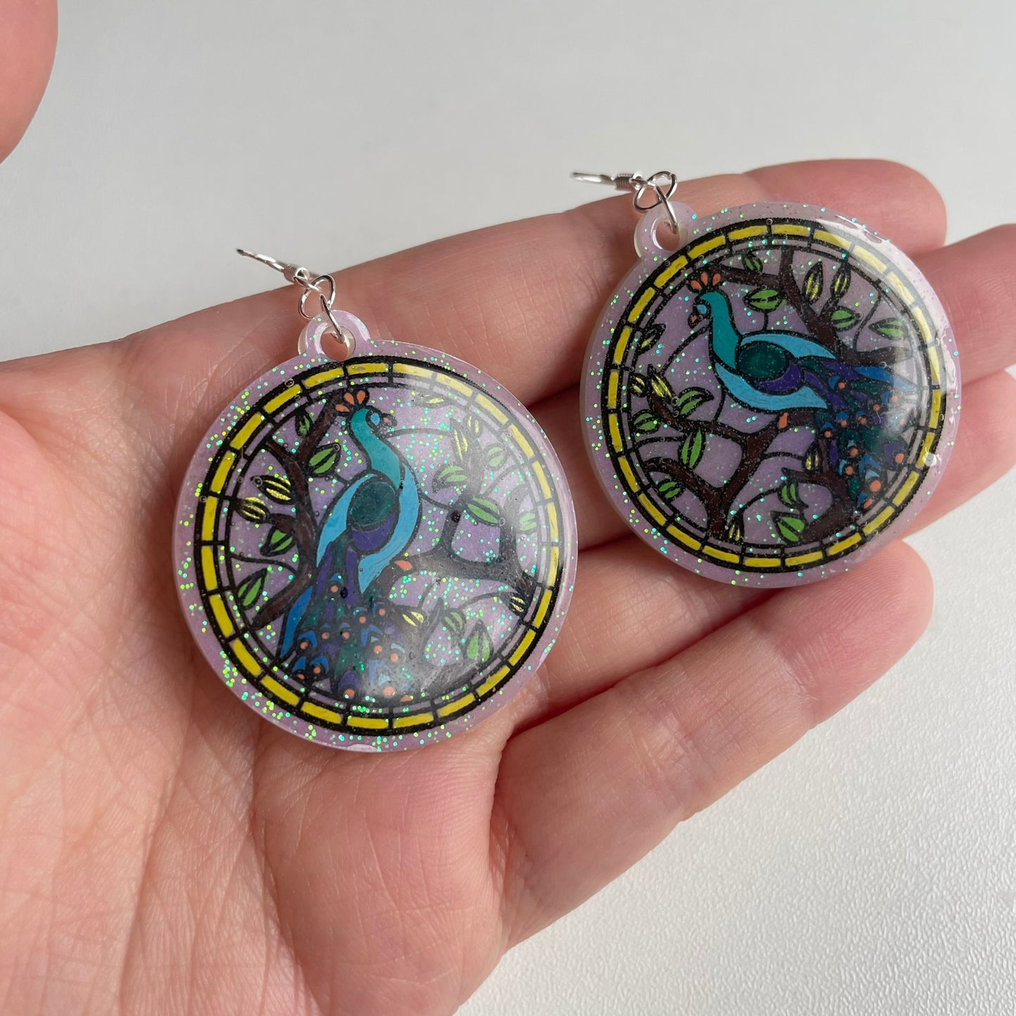 Stained Glass Peacock Resin Earrings