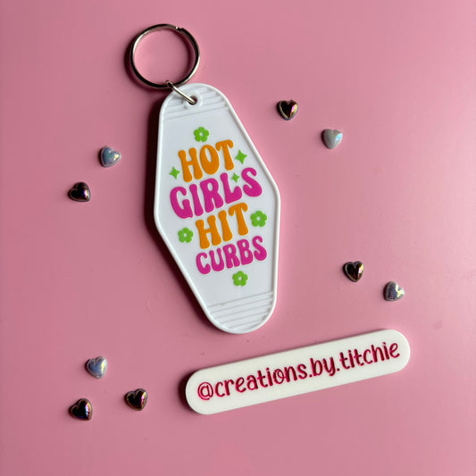 Motel Keyring - White "Hot girls hit curbs"