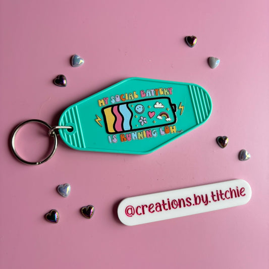 Motel Keyring - Mint "My Social Battery is running low"