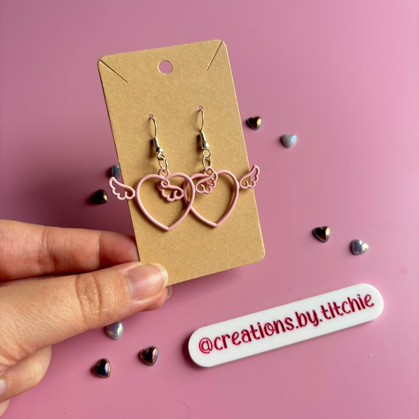 Winged Heart Earrings - Pink