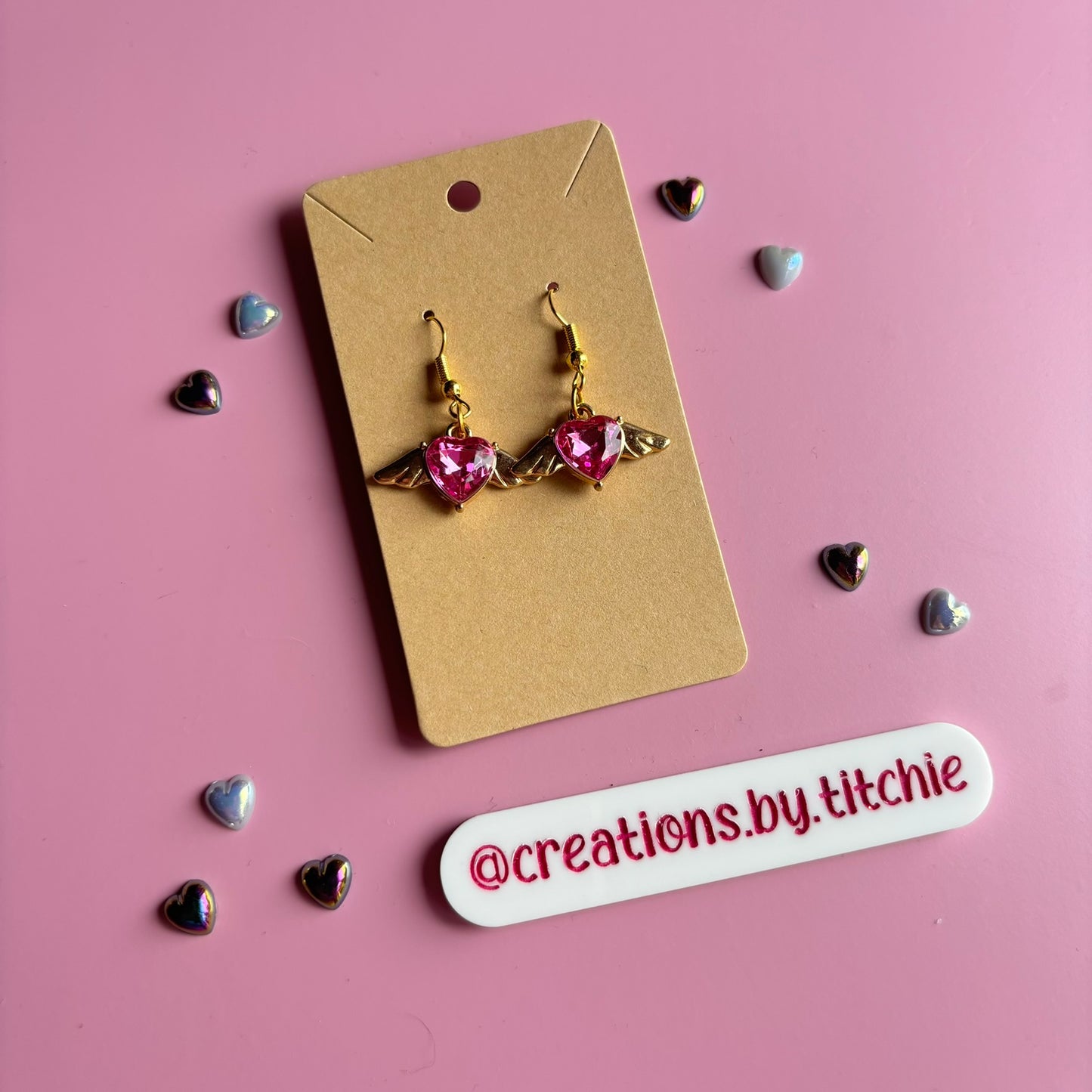 Gemstone Winged Heart Earrings - Pink