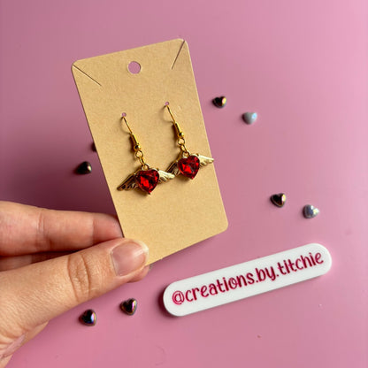 Gemstone Winged Heart Earrings - Red