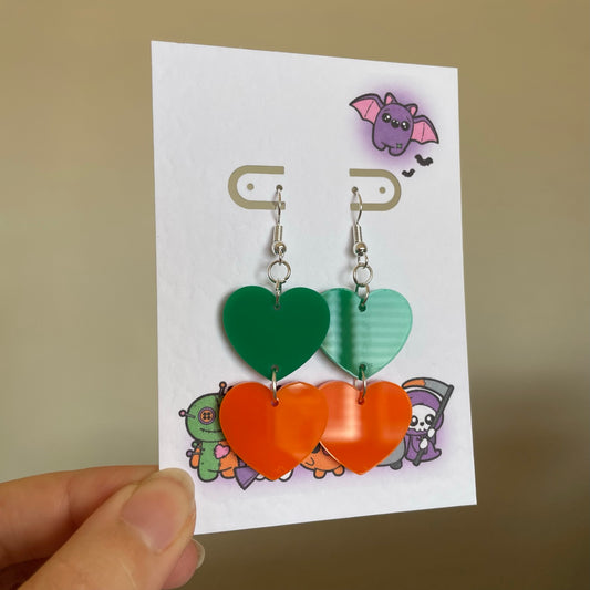 Orange/Green Heart Acrylic Earrings