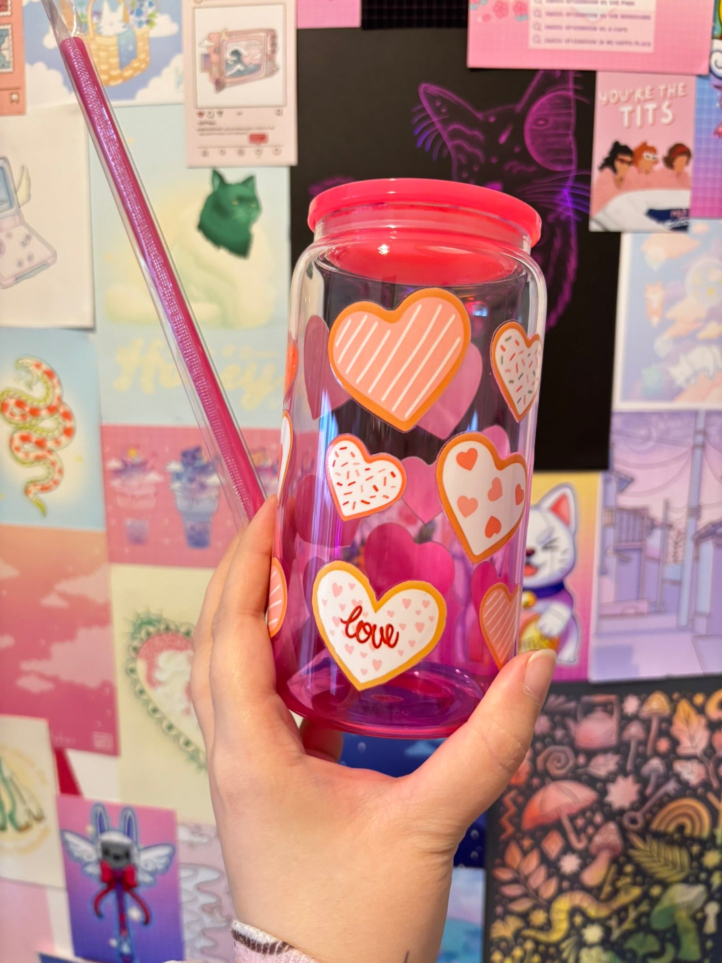 Heart Cookie Pink Gradient 16oz Glass Can