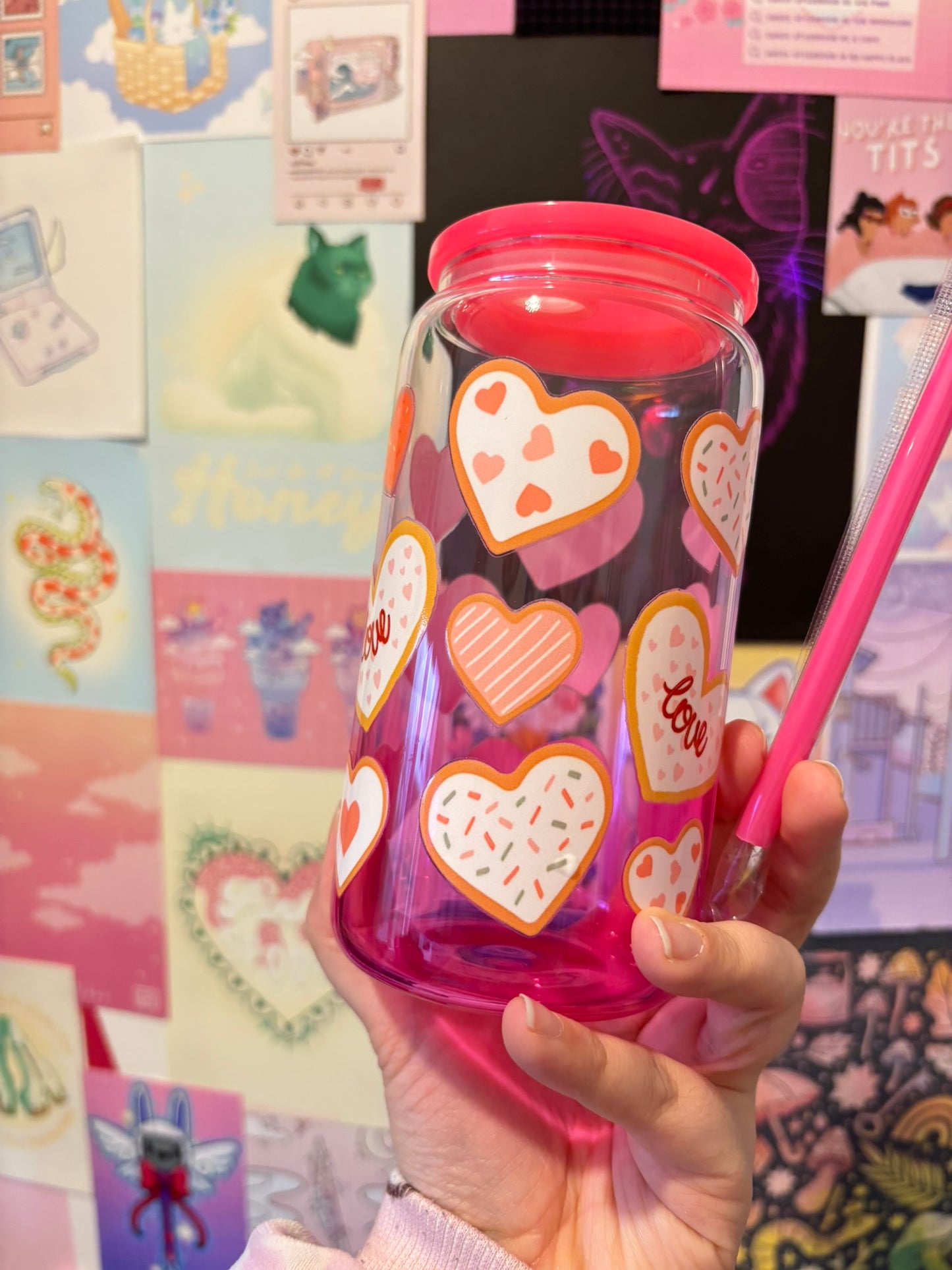 Heart Cookie Pink Gradient 16oz Glass Can