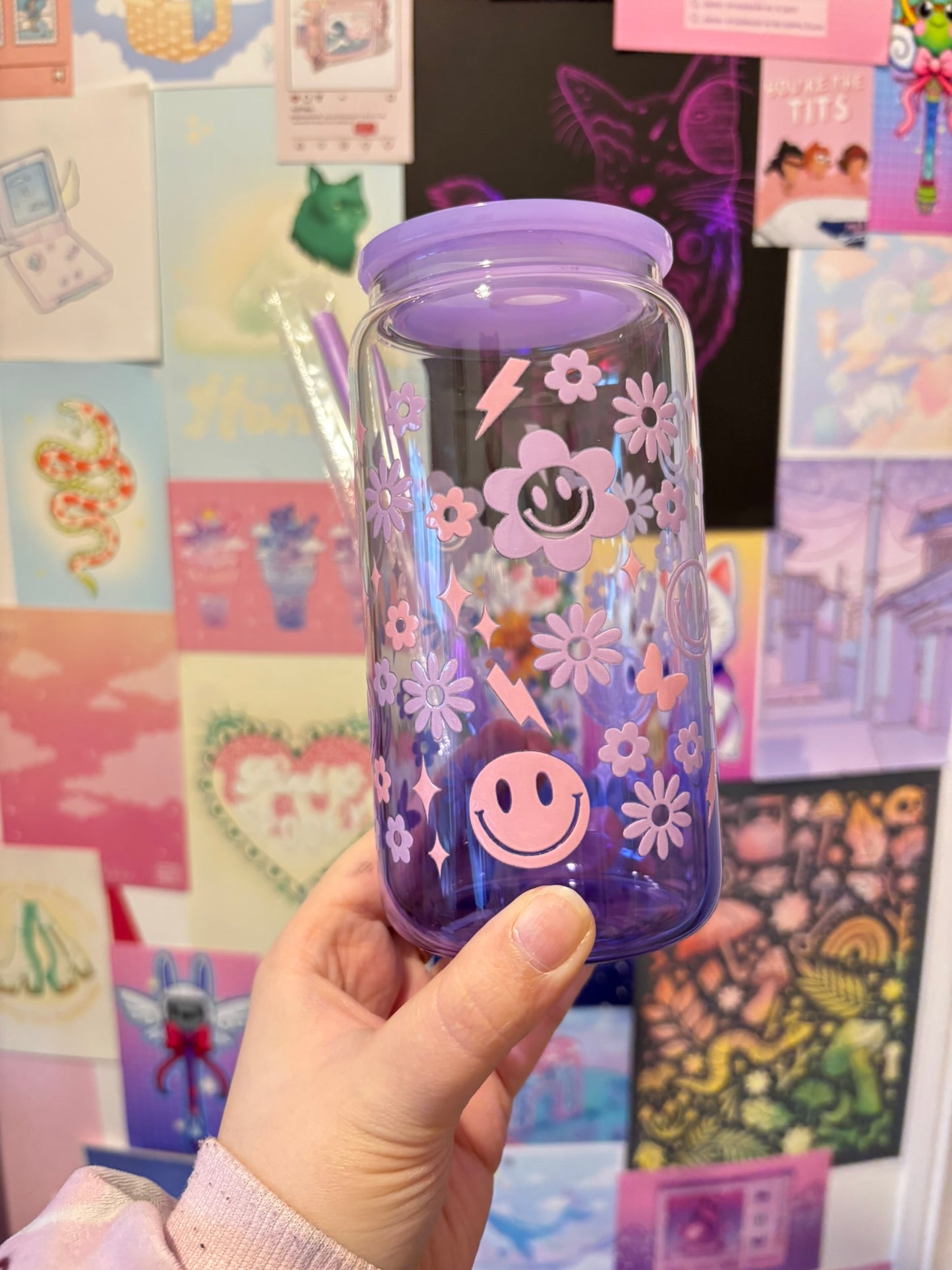 Smiles and Flowers Purple Gradient 16oz Glass Can