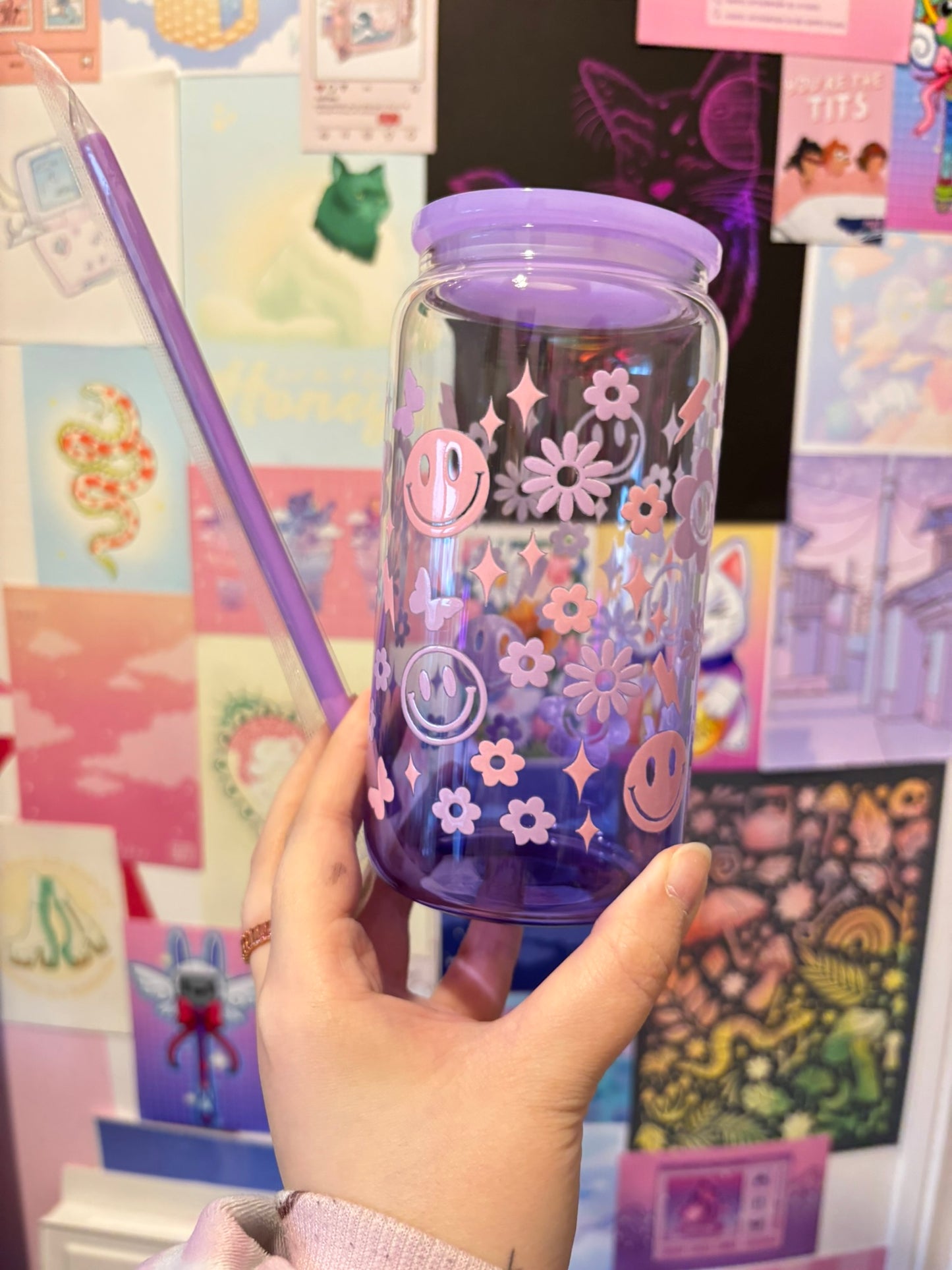 Smiles and Flowers Purple Gradient 16oz Glass Can