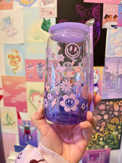 Smiles and Flowers Purple Gradient 16oz Glass Can