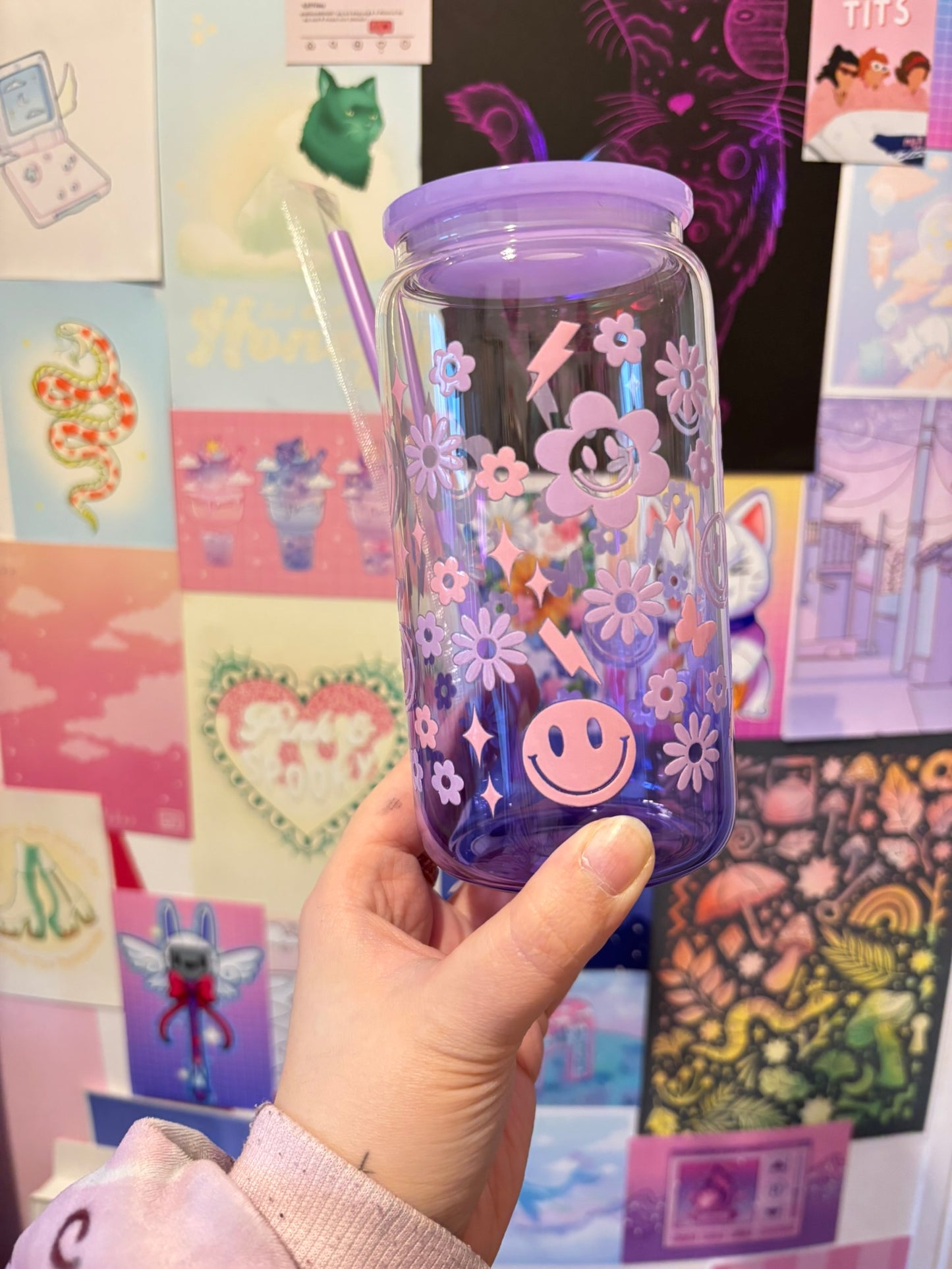 Smiles and Flowers Purple Gradient 16oz Glass Can