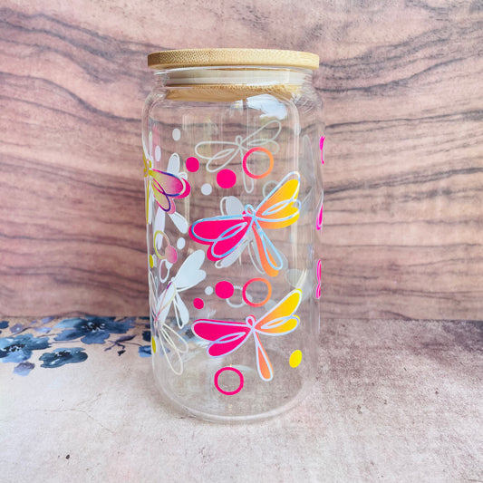 Pink/Yellow Dragonfly Glass Can
