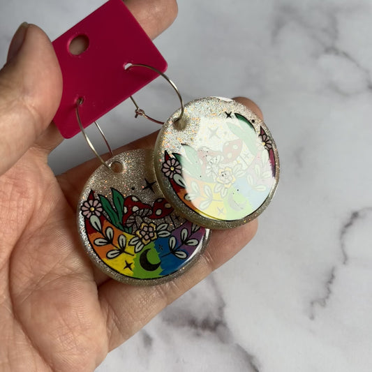 Rainbow Mushroom Moon Earrings