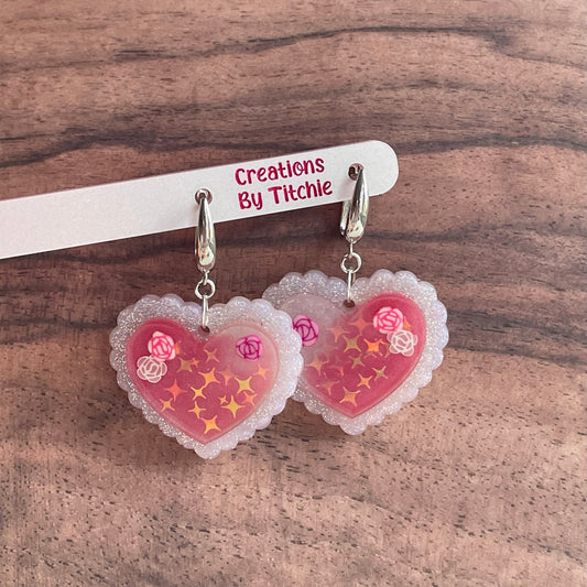 Resin Double Layer Pink Flower Heart Earrings
