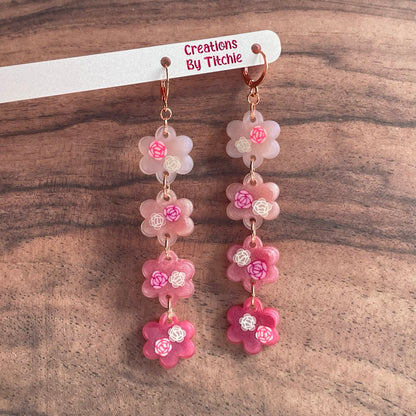 Long Dangle Pink Flower Resin Earrings