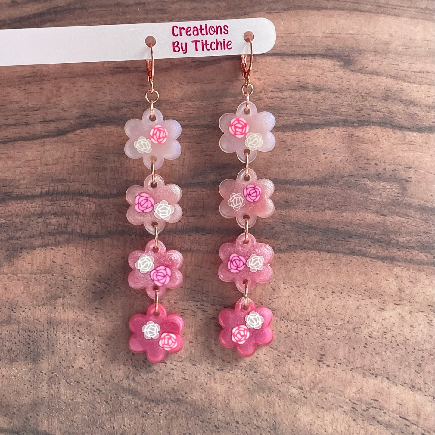 Long Dangle Pink Flower Resin Earrings