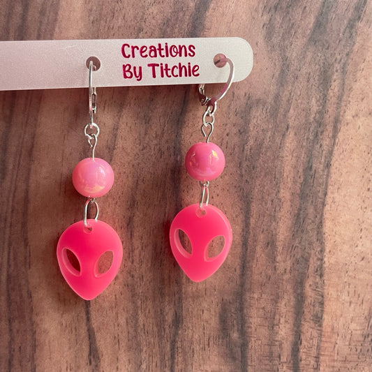 Acrylic Bright Pink Alien Earrings