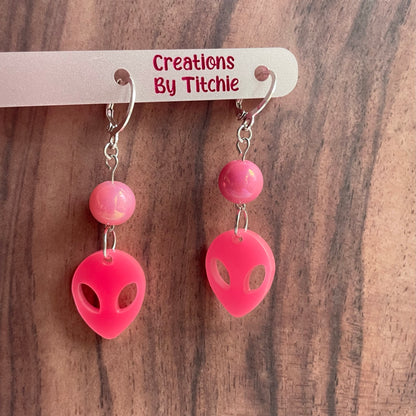 Acrylic Bright Pink Alien Earrings
