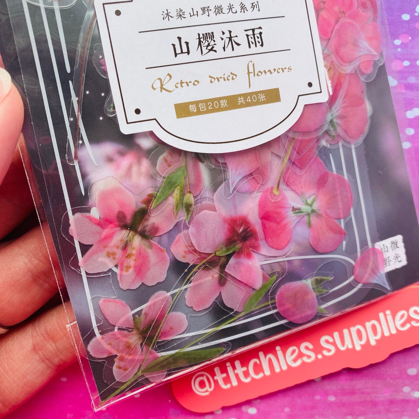 40 Pack Transparent PVC Flower Stickers - Deep Pinks