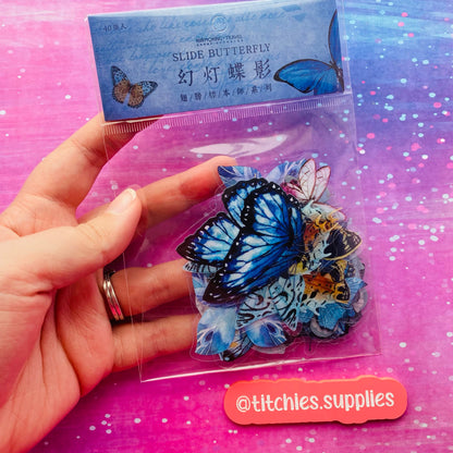 40 Pack Transparent PVC Butterfly Stickers - Blue