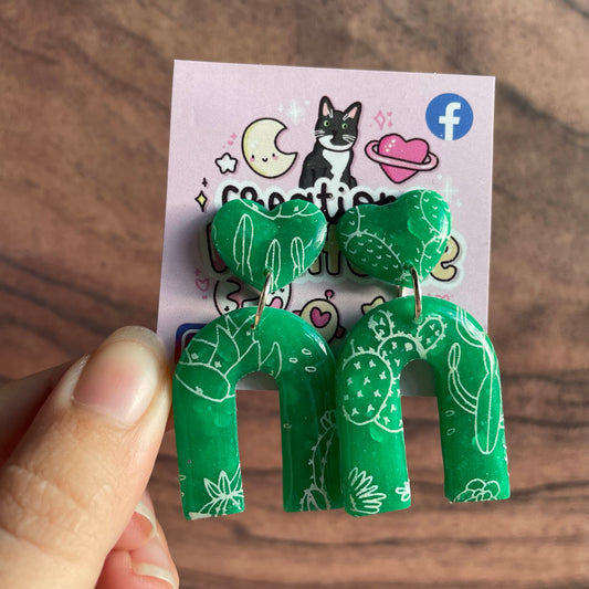 Green Plant Arches Clay Earrings