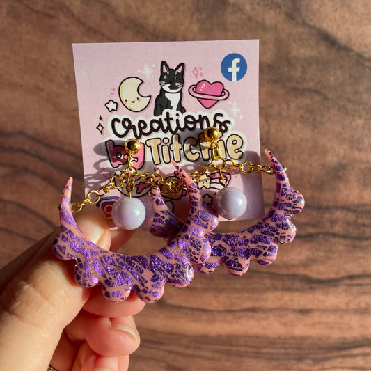 Purple Crackle Scalloped Hoops Clay Earrings