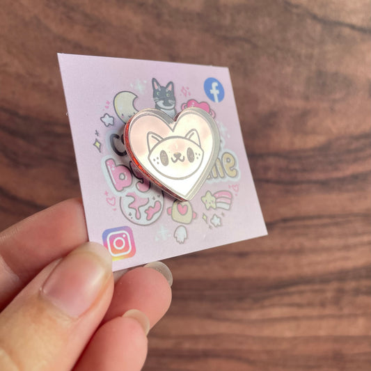 Rose Gold Mirror Acrylic Cat Heart Pin