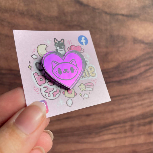 Purple Mirror Acrylic Cat Heart Pin