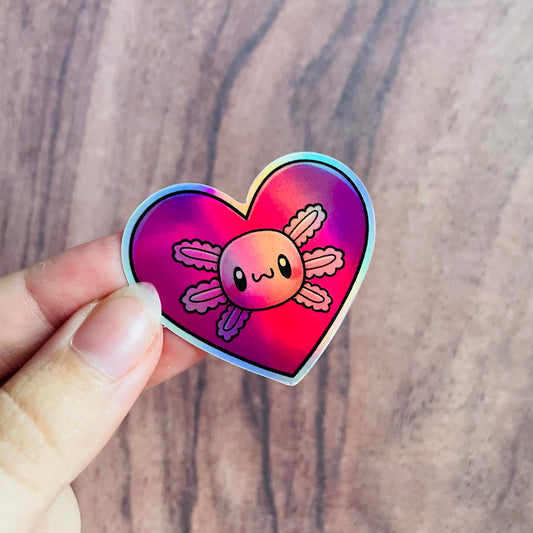 Holographic Axolotl Heart Sticker
