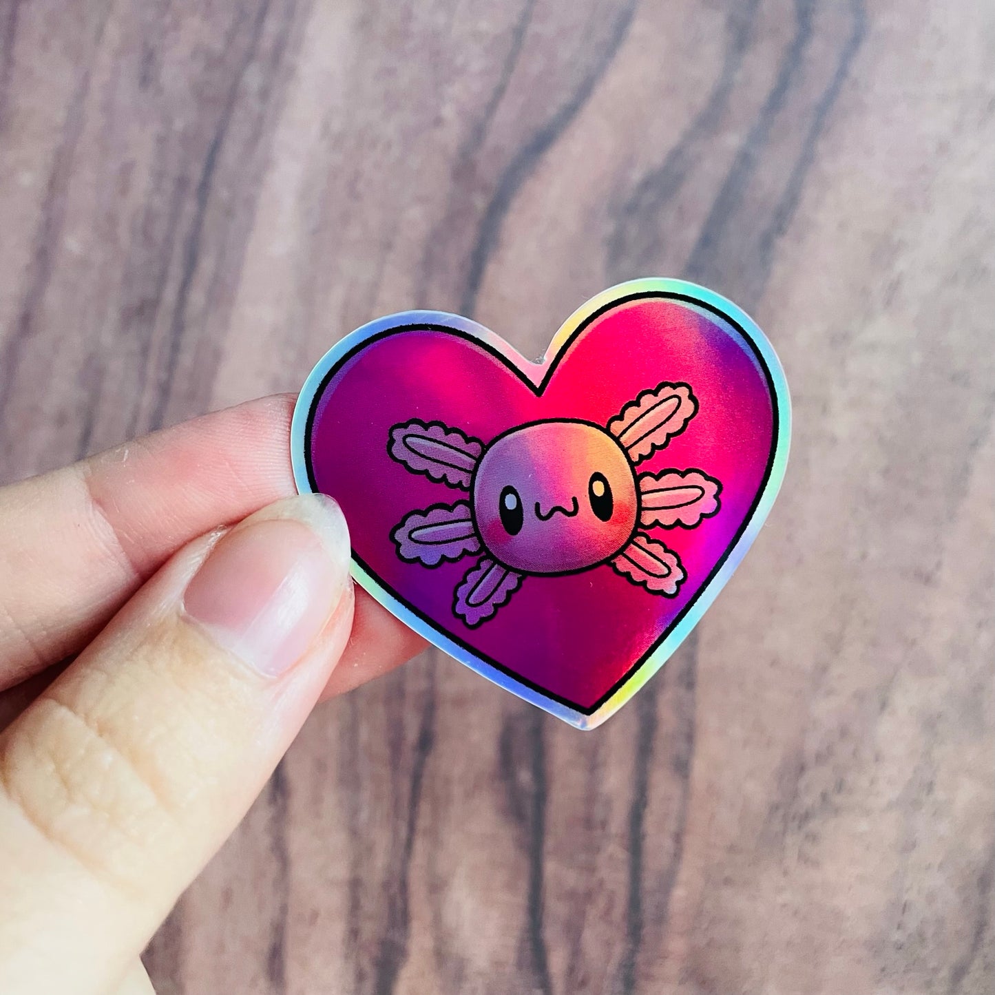 Holographic Axolotl Heart Sticker