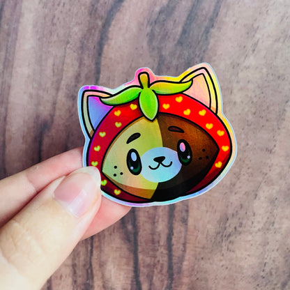 Holographic Calico Tortoiseshell Strawberry Cat Sticker