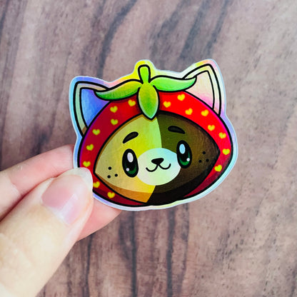 Holographic Calico Tortoiseshell Strawberry Cat Sticker