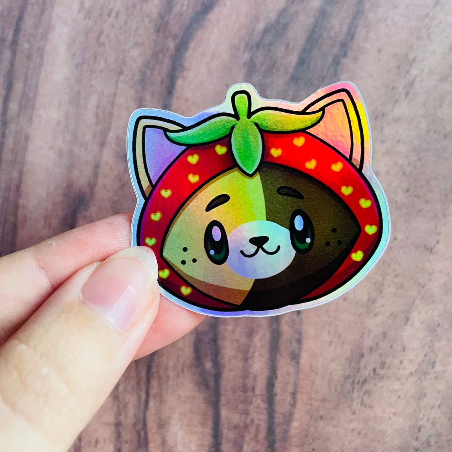 Holographic Calico Tortoiseshell Strawberry Cat Sticker