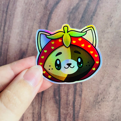 Holographic Calico Tortoiseshell Strawberry Cat Sticker