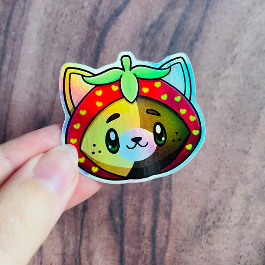 Holographic Calico Tortoiseshell Strawberry Cat Sticker