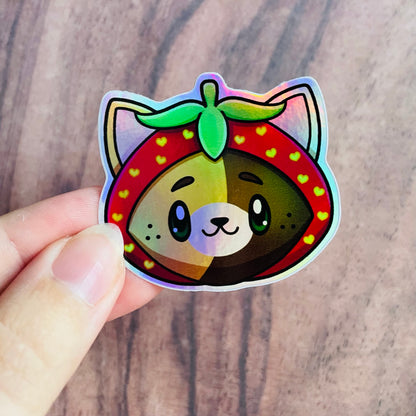 Holographic Calico Tortoiseshell Strawberry Cat Sticker