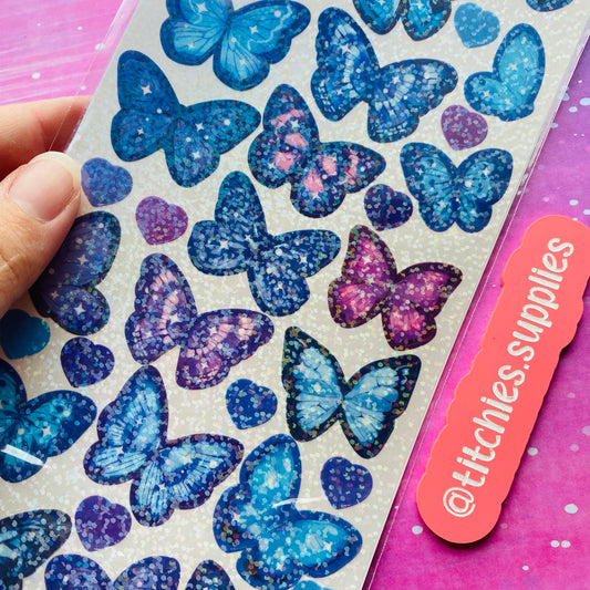 1 Sheet Holographic Glitter Butterfly Stickers - Blues/Purples